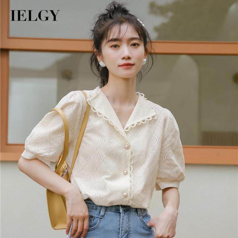 IELGY French retro V-neck short-sleeved shirt female niche thin and fresh