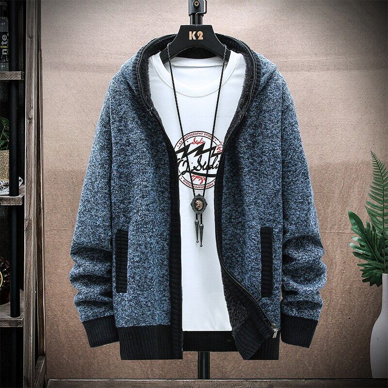 Davidso Autumn Korean Hooded Men's Thick Sweaters with Velvet Men's Cardigan Knitted Sweatercoats Jacket Male M-3XL