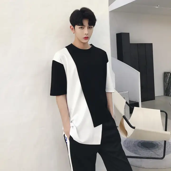 Men Asymmetric T Shirt Trendy Black And White T Shirt Patchwork Stylist Half Sleeve Tee Lazada Ph