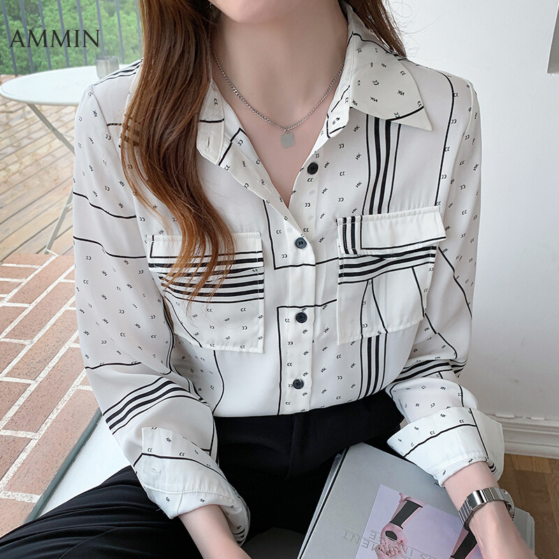 Ammin Tops 2021 Autumn New Long Sleeved Lapel Striped Elegant Chiffon