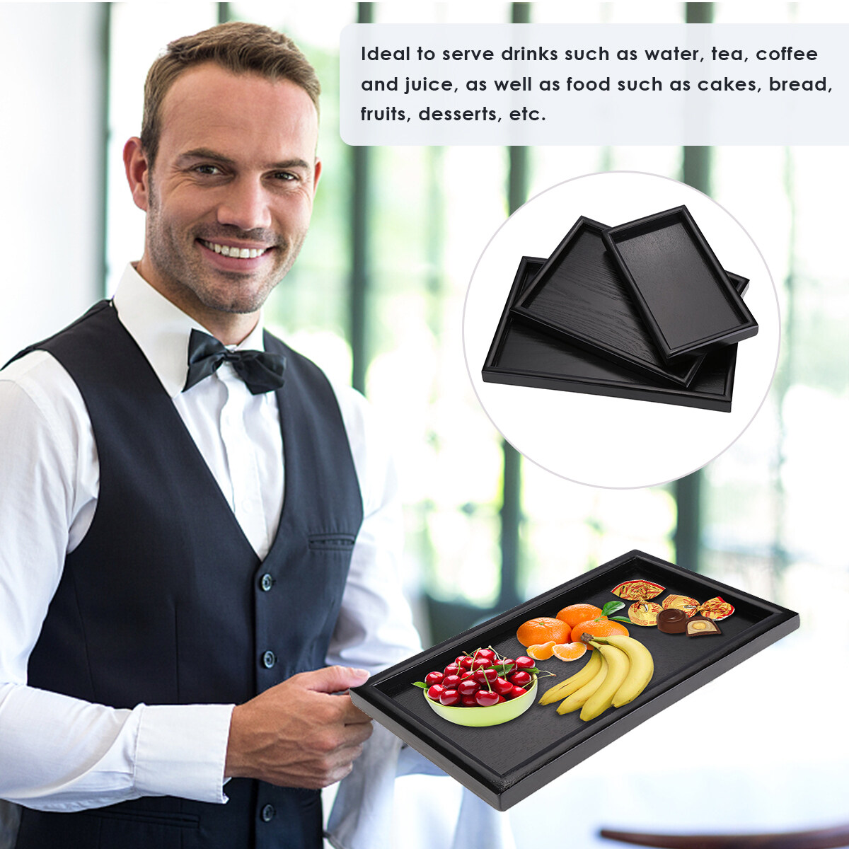 Rectangle Shape Solid Wood Tea Coffee Snack Food Serving Tray Plate