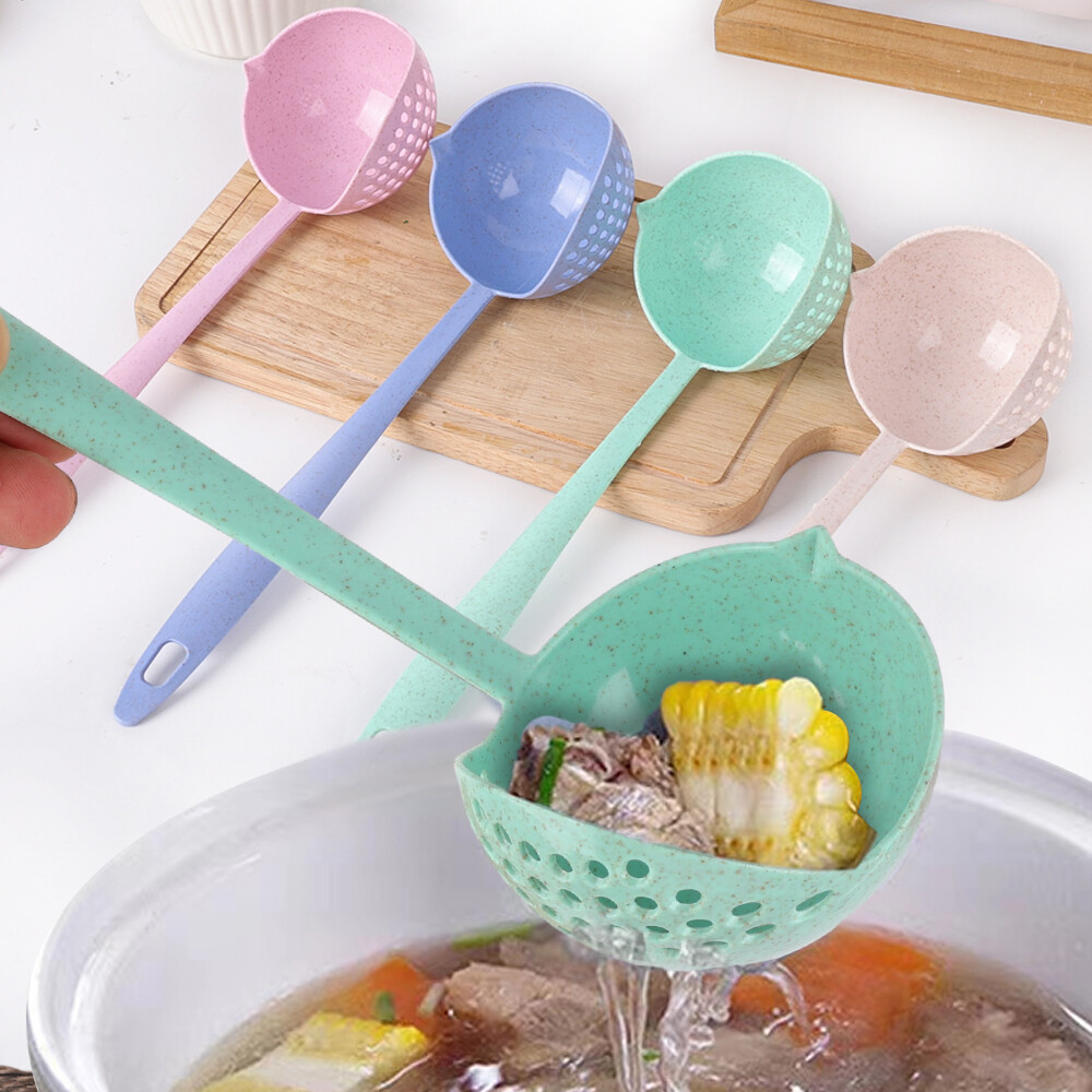 2 trong 1 rơm lúa mì Muông ăn sup tay cầm dài giá lọc nhà bếp colander đa chức năng nấu bếp công cụ lẩu muỗng muỗng