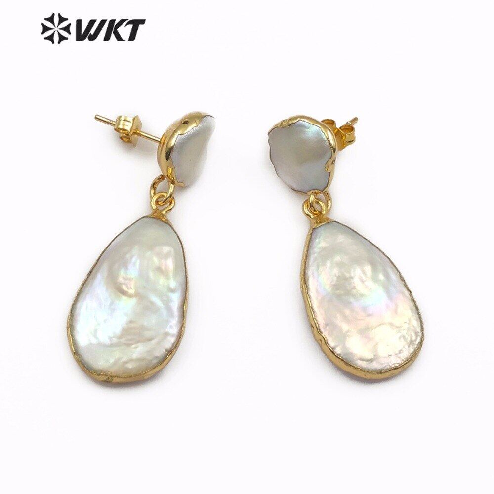 WT-E489ไข่มุกน้ำจืดธรรมชาติ Teardrop รูปร่างต่างหูคู่สีขาว Pearl เครื่องประดับเรือนทอง Lady ของขวัญต่างหูมุก