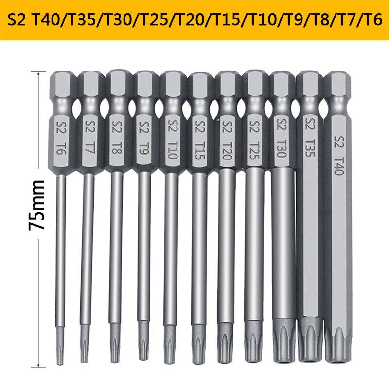 11 x Quality T6-T40 Torx Screwdriver Bit Set Hex Security Magnetic Head 75mm