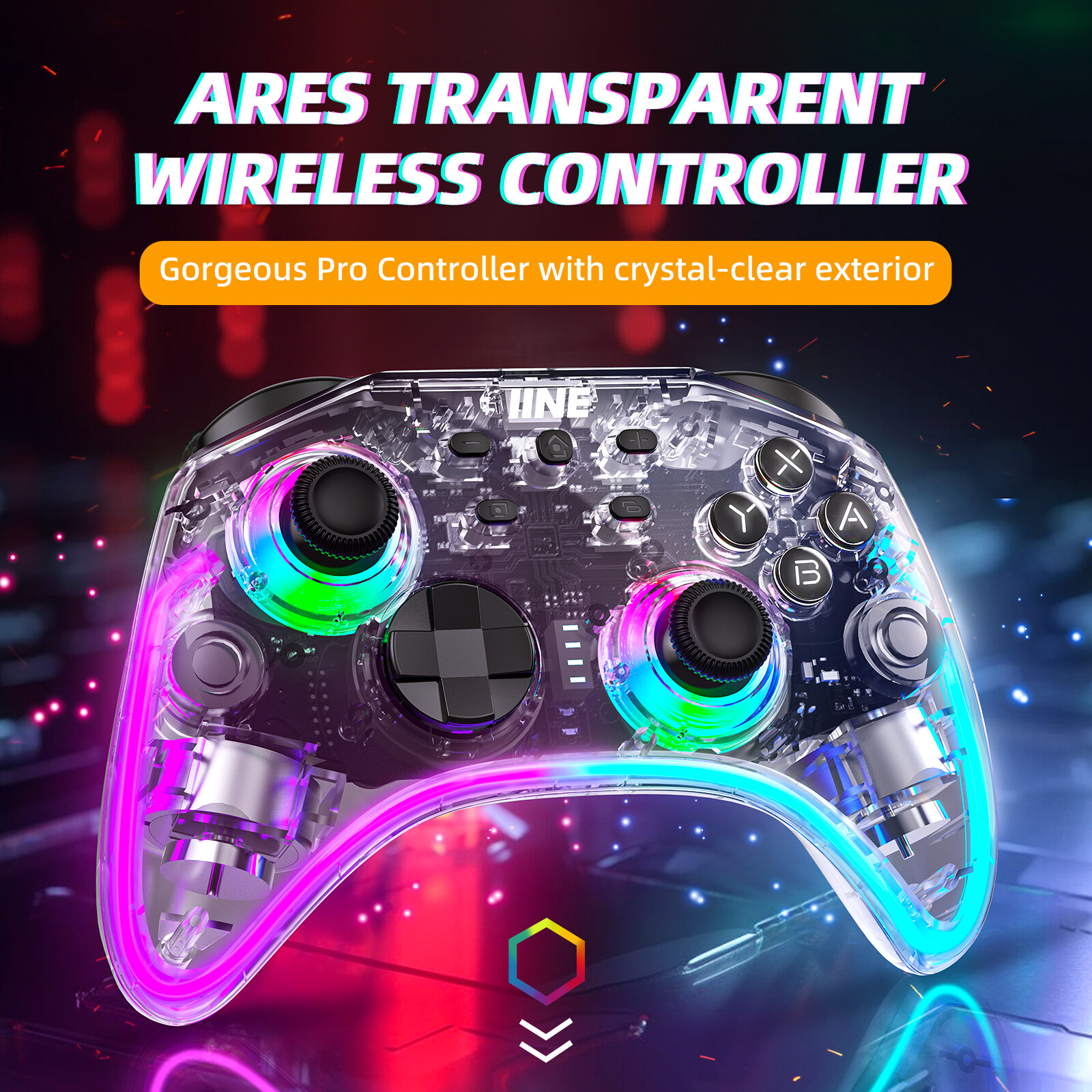 IINE Ares Transparent Wireless Controller with Headset Jack RGB Light compatible Nintendo Switch Steam