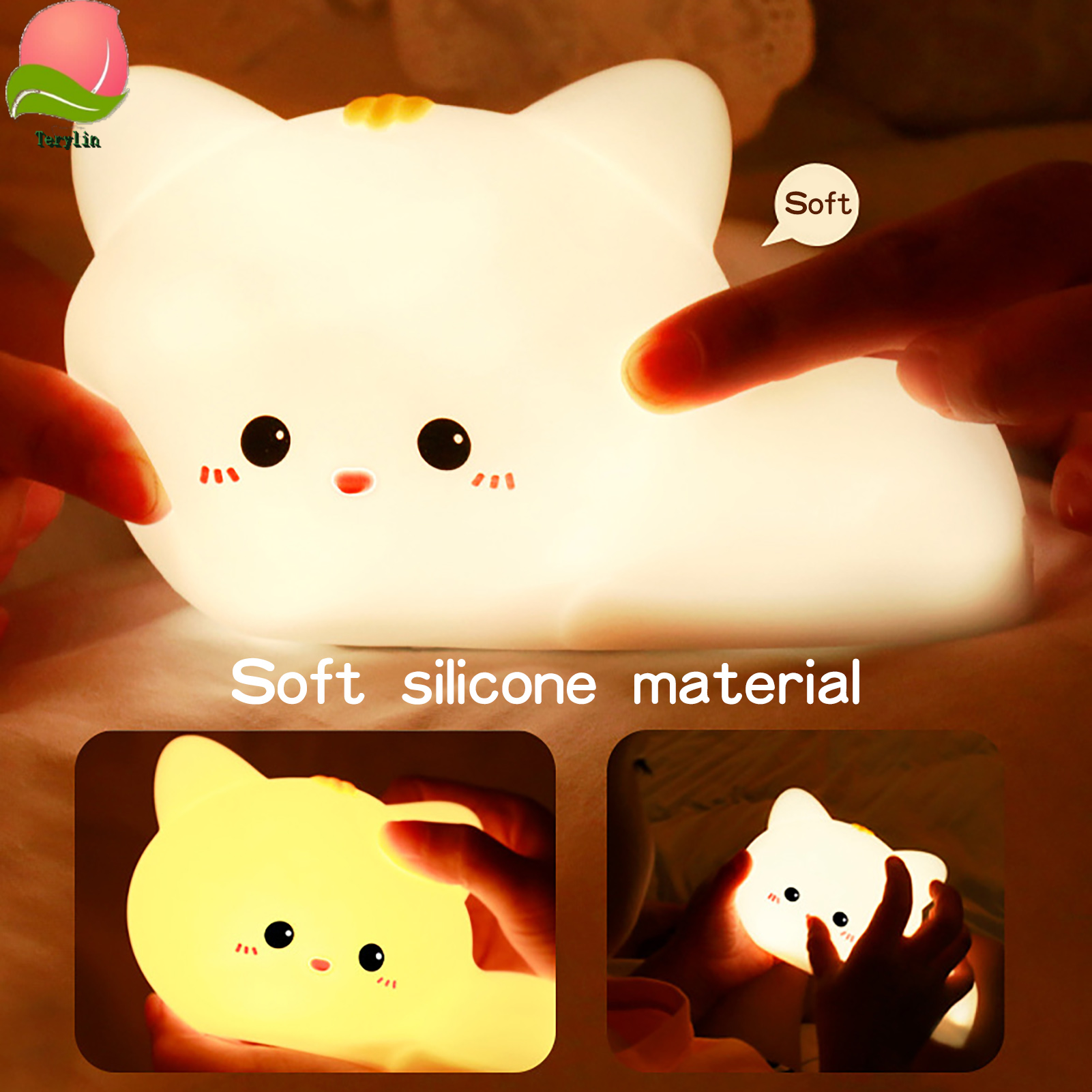 Terylin Sleeping Cat USB Pat Remote Control LED Silicone Night Light Desk Bedside Lamp