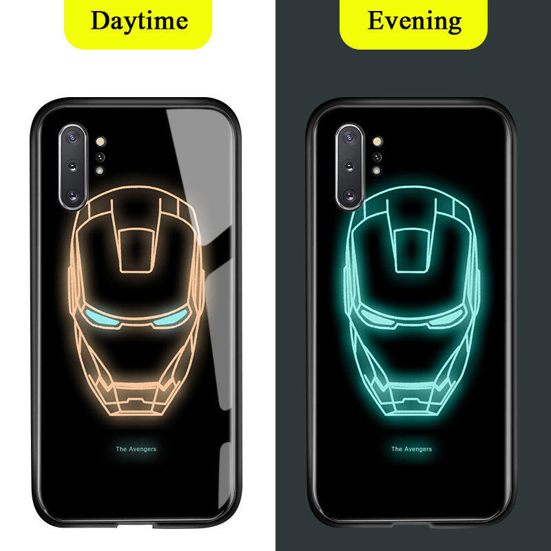 UCUC Luminous Case For Samsung Note 10 Plus Phone case For Boys Luminous Glow in Dark Marvel Case Captain America Ironman Tempered Glass Hard Back Casing Cover