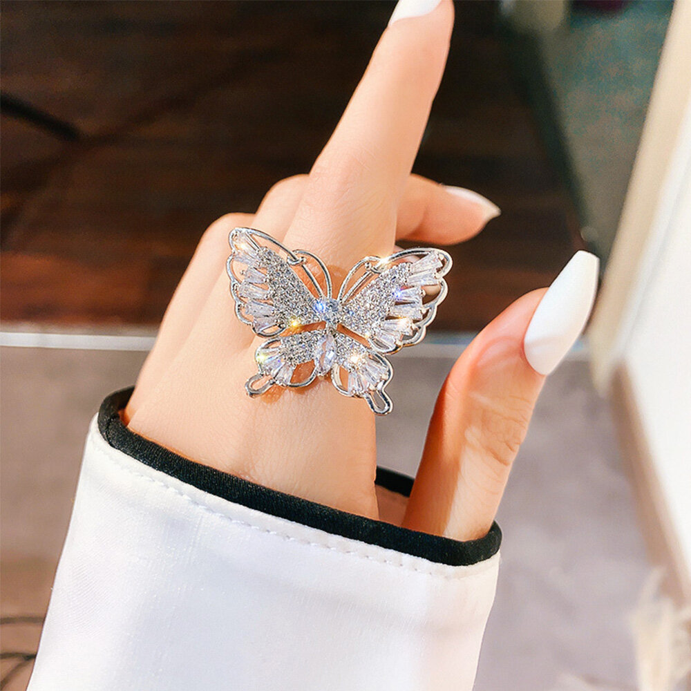 Korean Index Finger Copper Inlaid Zircon Luxury Women Jewelry Butterfly Rings Opening Ring Tail Ring
