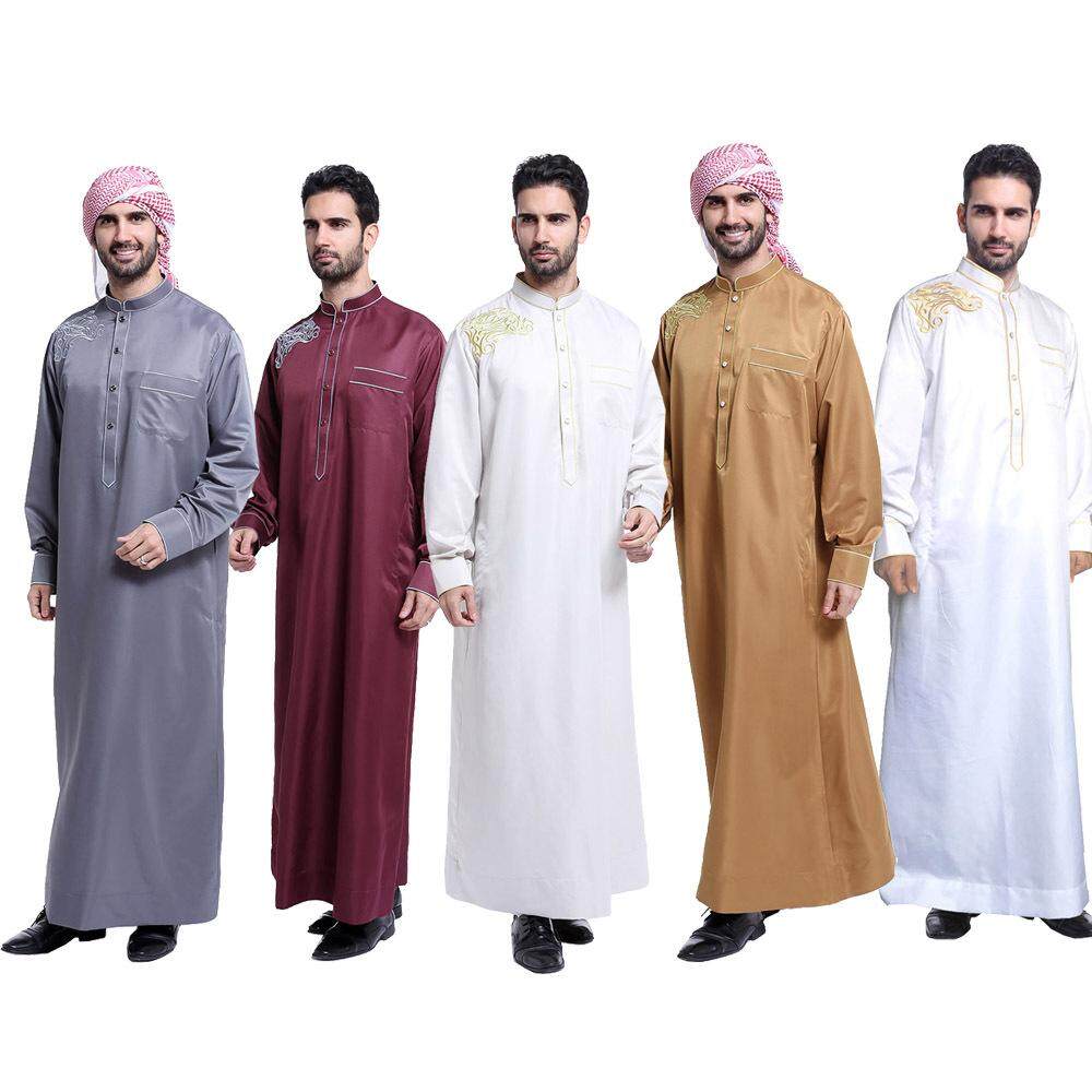 อาหรับมุสลิม Jubahs ชายแขนยาวเสื้อคลุมหลวมอาหรับมุสลิมผู้ชาย Thobe Thawb Caftan