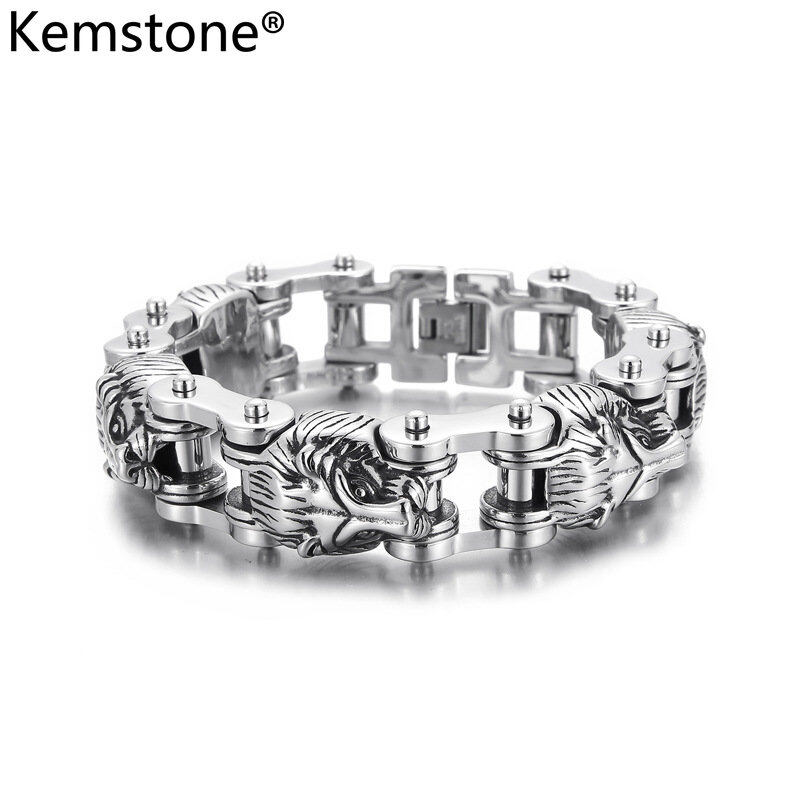 Kemstone Domineering Male Stainless Steel Animal Lion Silver Plated Link Bracelet Jewelry for Men