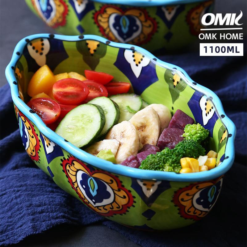 Omk màu xanh lá cây Luca loạt gốm 1100ml bát đựng sa lát hình bầu dục