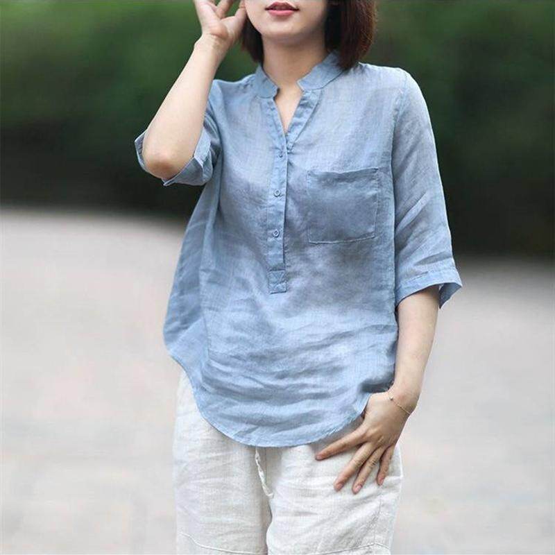 Hossen Women Cotton Linen Blouse Summer Lady Korean Stand Collar Shirt Loose Mid-length Sleeve Shirts【Return within 7 days】