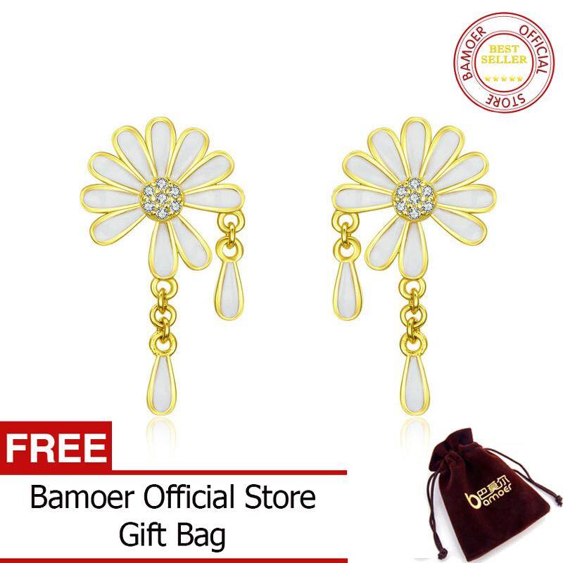 BAMOER Falling Petal Daisy Stud Earrings for Women White Enamel Flower Design Earing 925 Sterling Silver Fashion Jewelry BSE159