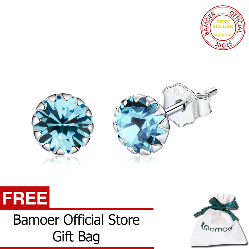 BAMOER Birth Stone AAA Cubic Zircon Stud Earring 925 Sterling Silver Birthstone Ear Stud April Gifts Silver Jewelry SCE862