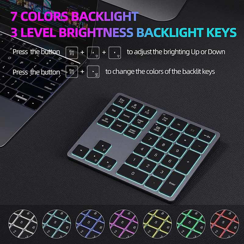 SeenDa Backlight Numeric Keypad RGB Bluetooth Rechargeable Number Pad 34-Key Slim External Numpad Keyboard Data Entry