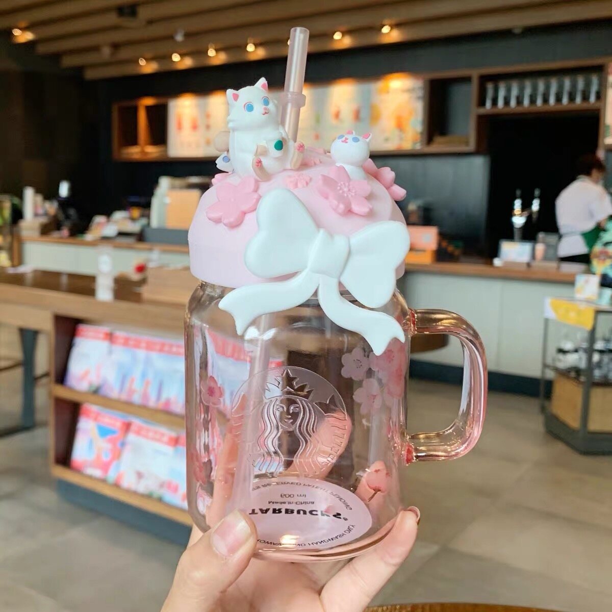 Starbuck Cherry Blossom Season 2020 Pink Cute Cat Bow Mason Glass Straw Cup Cute Girl Water Cup