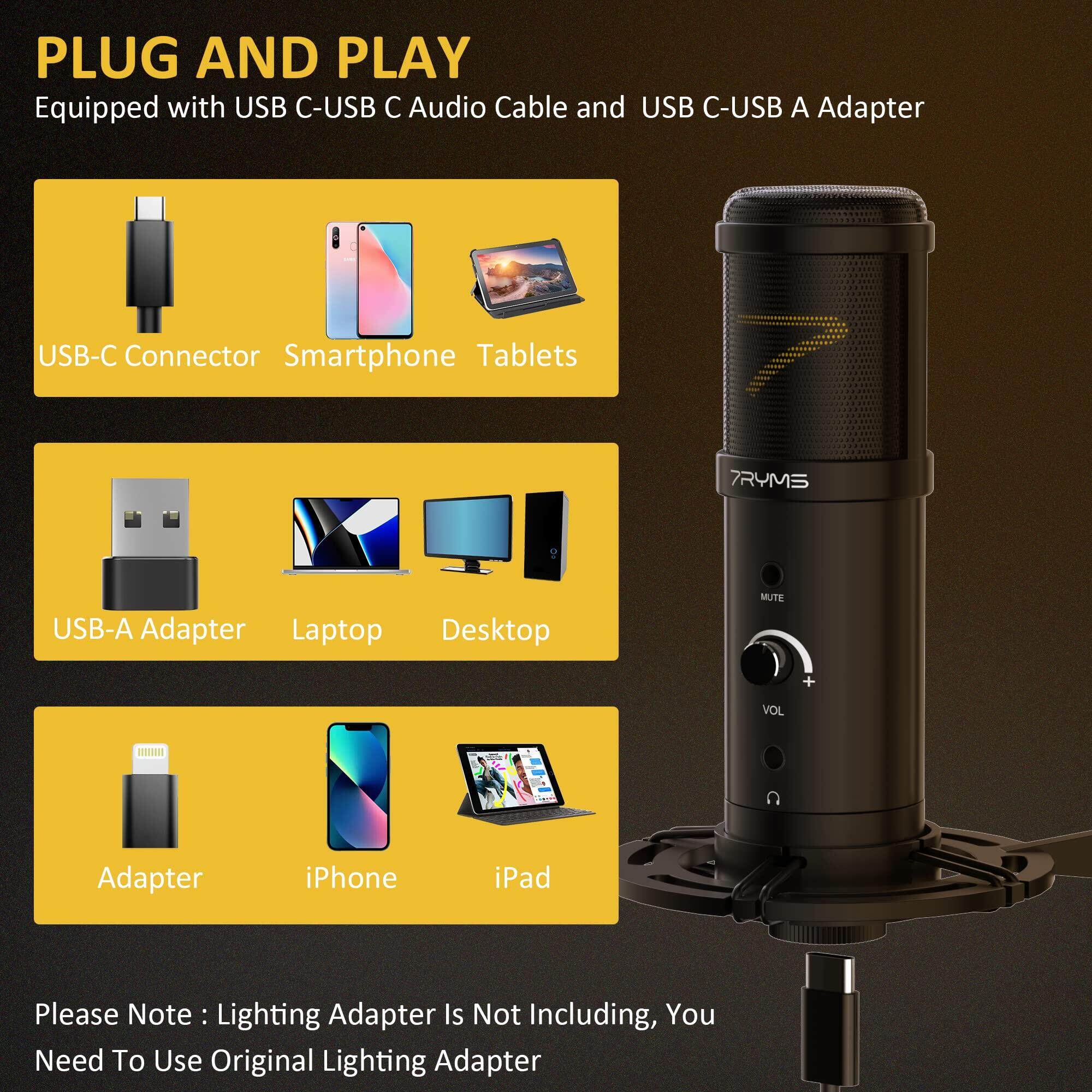 7RYMS Condenser USB Microphone SR-AU01-K2 Studio Microphone Kit with Desk Stand, Pop Filter and Real-time Monitor Gaming-Mic 192kHz/24bit Tape to Mute Microphone for PC for Streaming Podcast Recording ASMR, for Computer, Phone