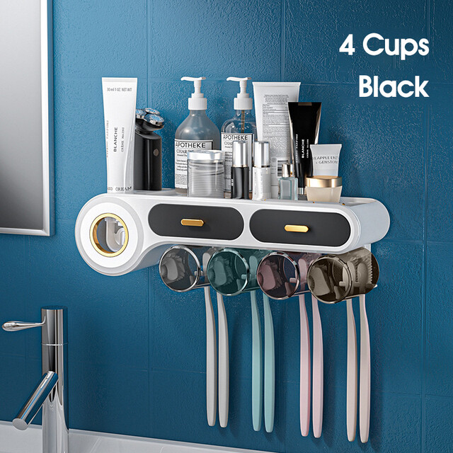 HKStorage Wall Mounted Toothbrush Holder Automatic Toothpaste Squeezer Dispenser Home Punch-free Bathroom Organizer Bathroom Accessories