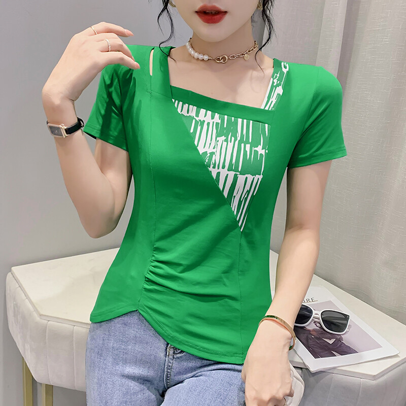 YIMEI Solid color square neck women's T-shirt 2023 summer new off-shoulder irregular T-shirt women's short sleeve slim sexy shirt