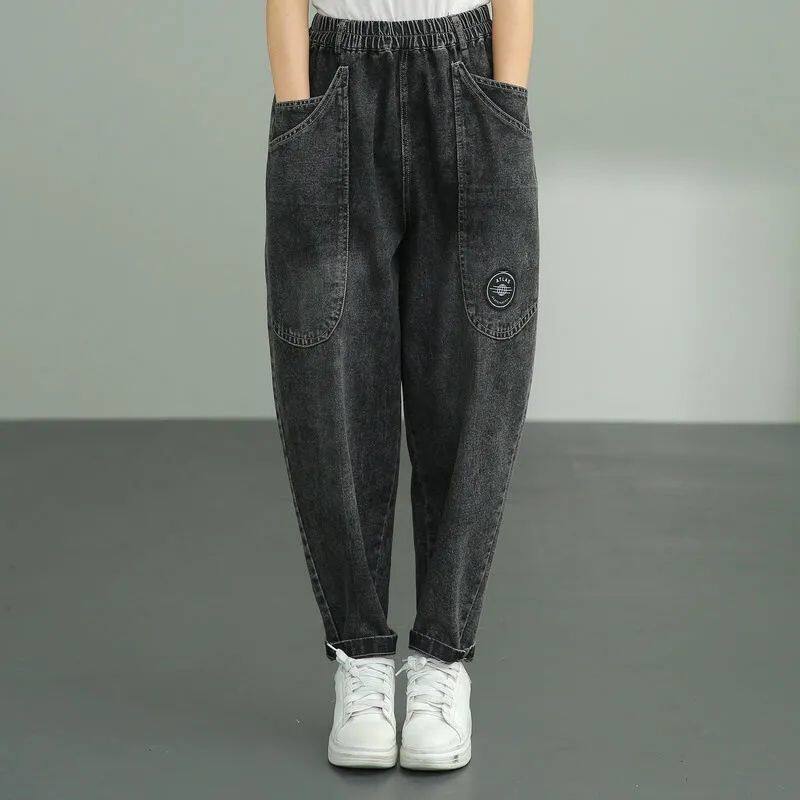 Fairytaill cỡ lỡn nữ hoài cổ Cotton Denim Quần Dài tới mắt cá chân thắt lưng co giãn giản dị có túi dáng thụng chắp vá quần harem Jeans chất lượng cao 201j013