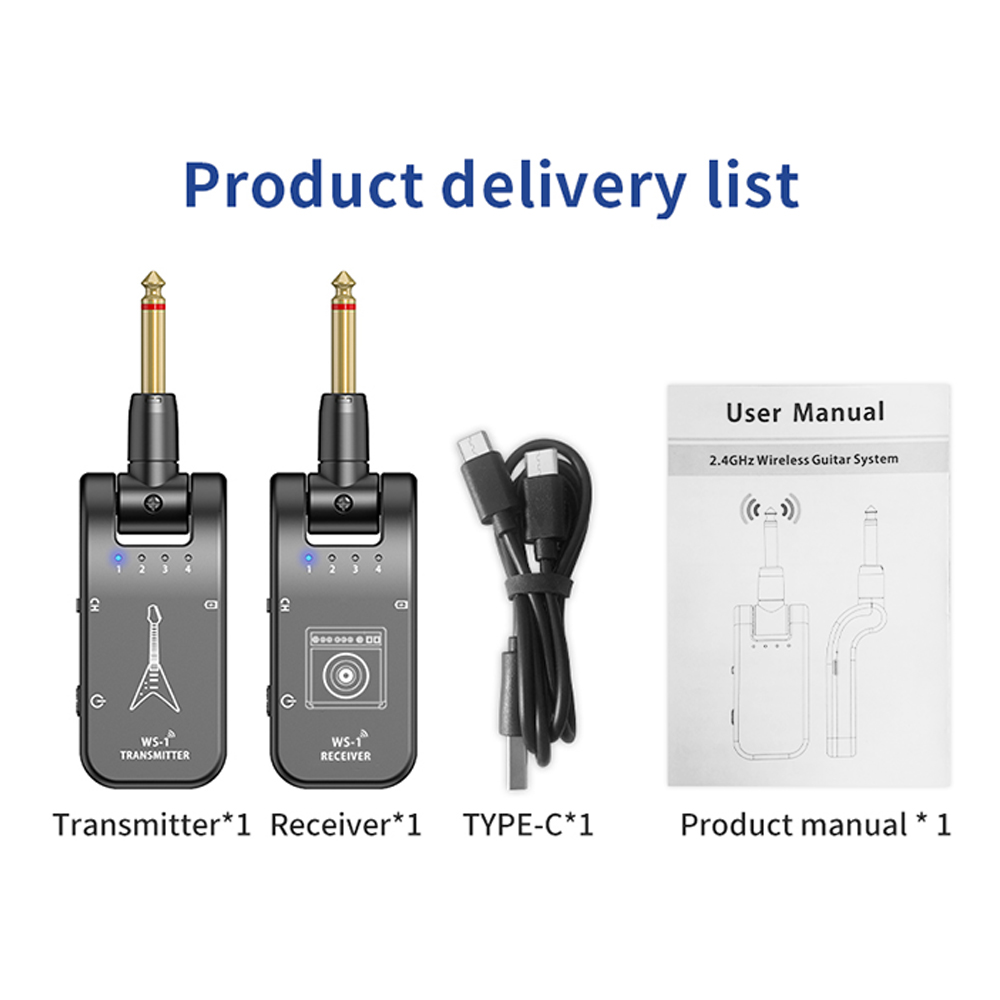 [ammoon]WS-1 2.4GHz Wireless Guitar System Rechargeable Audio Transmitter and Receiver 4 Channels 30m Transmission 282º Rotatable Head 5H Endurance for Electric Guitar Bass Violin