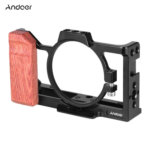 Khung máy ảnh Andoer Tương thích với máy ảnh so-ny zv1 có tay cầm bằng gỗ Grip Giày lạnh để gắn micrô L-ED ánh sáng