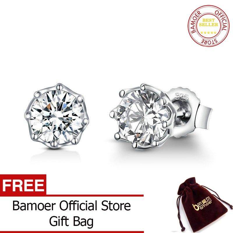 BAMOER Authentic 925 Sterling Silver Classic Clear Cubic Zircon Small Stud Earrings for Women Sterling Silver Jewelry SCE499 Dec