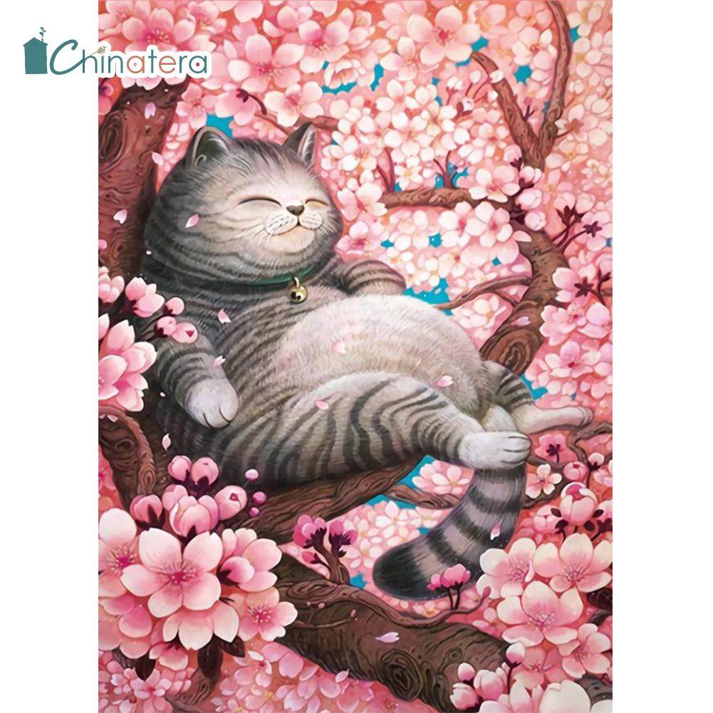 [Chinatera] 5D DIY Full Drill Round Diamond Painting Cherry Sakura Tree Cat Rhinestone Embroidery Mosaic Kit Home Decor for Bead Art Wall Gift