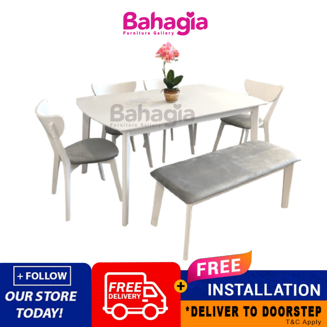 Free Installation Bahagia Fairy 1 4 Bench Dining Set Set Meja Makan 4 Kerusi 1 Bench White Set Lazada