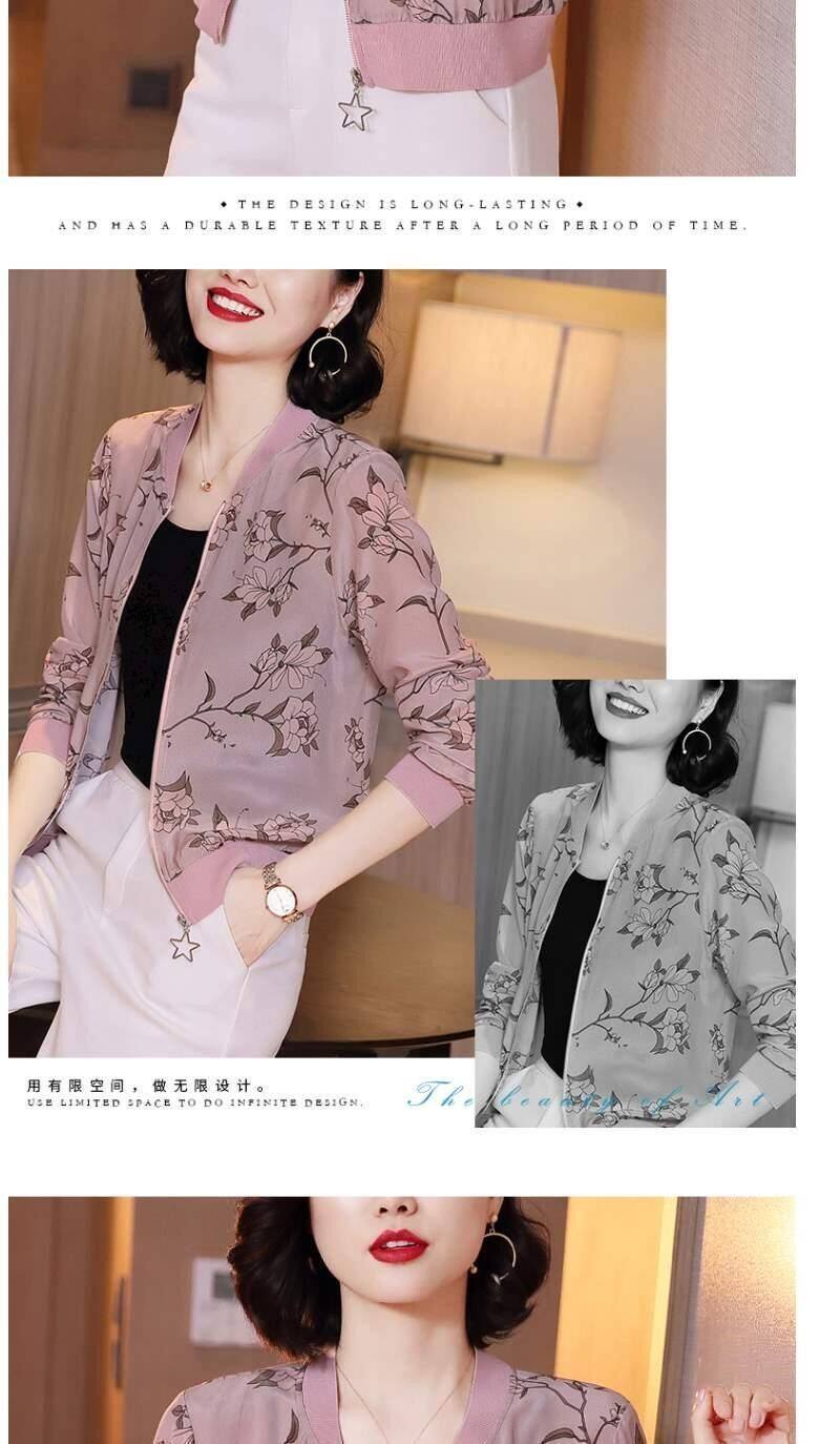 Plus Size Women Thin Chiffon Printed Jacket Casual Baseball Coat