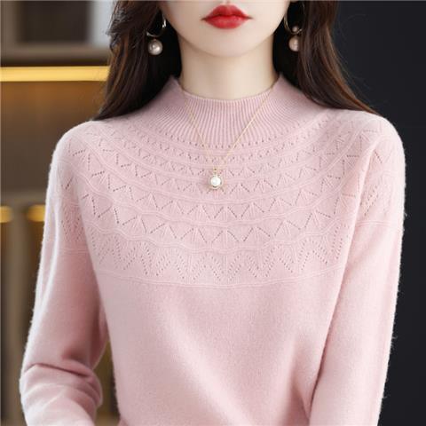 Hollow Out Solid Color Knitted Sweater Women's Half High Collar Loose Pullover Long Sleeved Sweater Korean Version Versatile Short Style Knitted Sweater Worn Inside and Outside