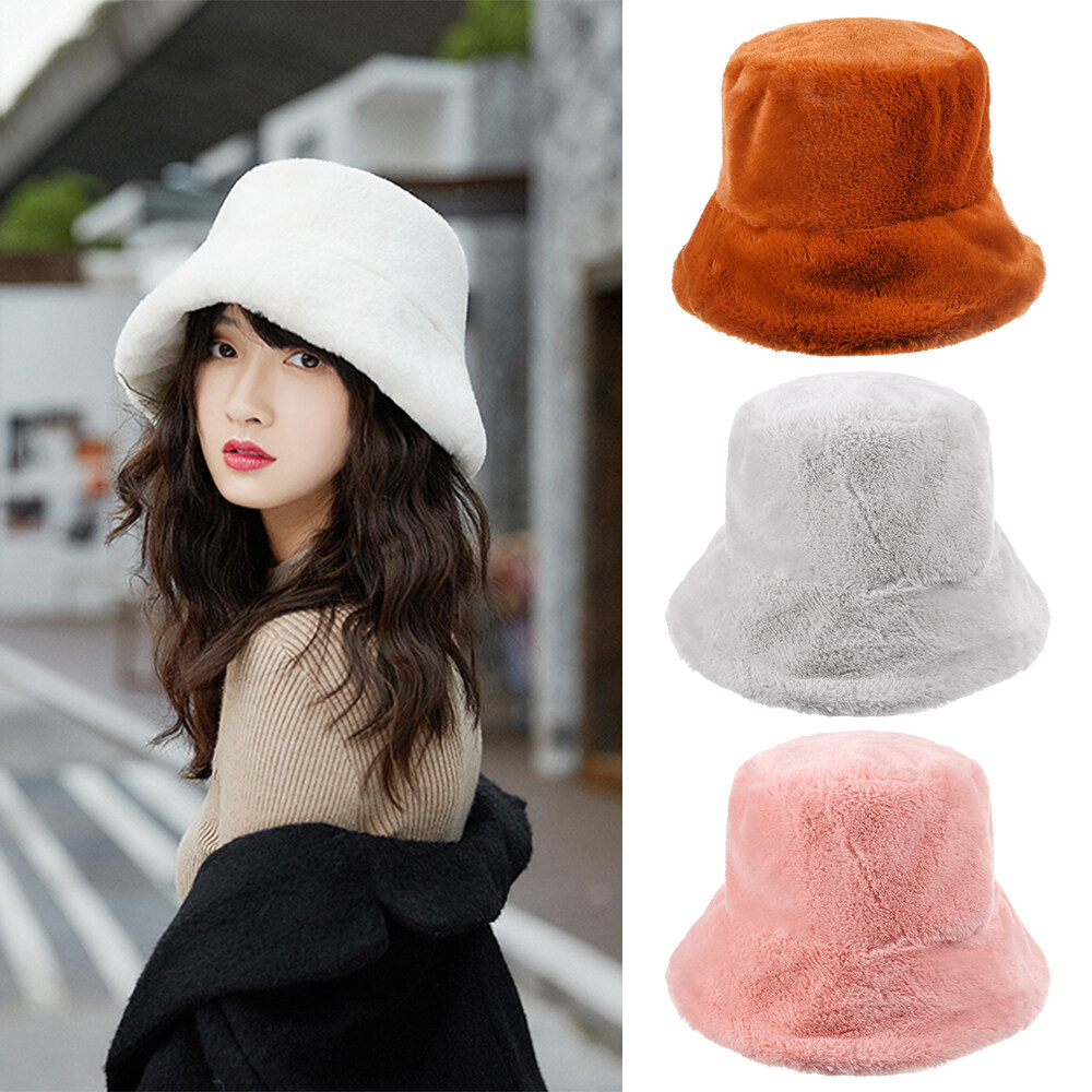 Faux Fur Winter Bucket Hat For Women Girl Solid Thickened Warm Fishing Cap