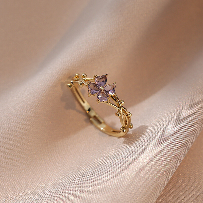 【HOMP】Purple clover zircon open ring women gift