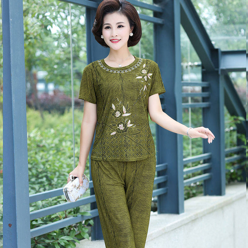 Summer Ice Silk Middle-Aged Female Summer Tops + Pants Mother Suits plus size