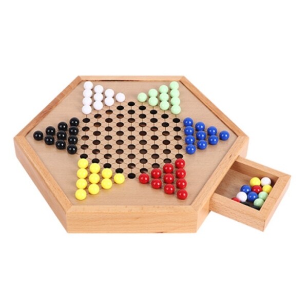 Hexagonal Drawer Beech Acrylic Checkers Childrens Adult Puzzle Wooden Checkers Set