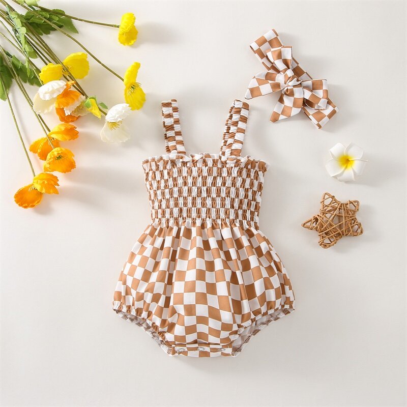 Baby Girls 2Pcs Summer Outfits, Sleeveless Frill Smocked Strap Romper with Headband Set