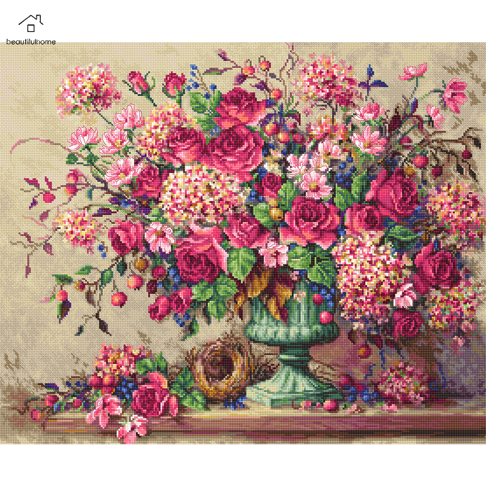 11CT Printed Full Cross Stitch Handcraft Pink Flower Artwork Wall DIY Decor