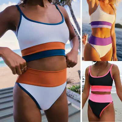 Ghobfpe Women Swimsuit Padded High Waist Tankini Swimwear Bikini Set Summer Bathing Suit
