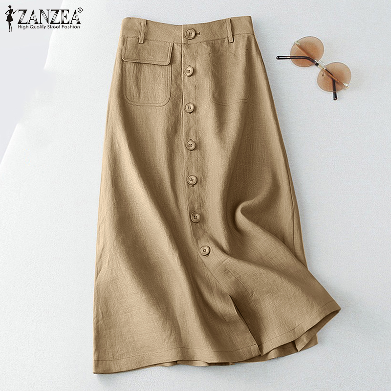 Zanzea nữ overskirts cổ điển Nhân Quả eo cao A-line Cotton Linen rắn lỏng Chân váy midi #2