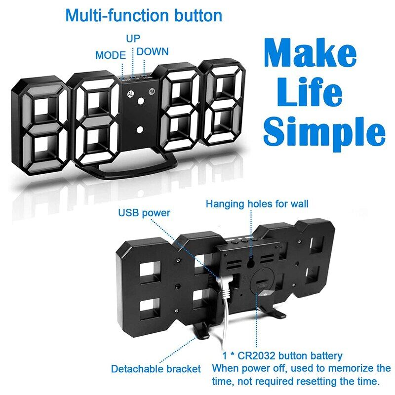 ZZOOI 3D LED Digital Wall Clock Alarm Clock with Remote Control with Time Date Temperature Display Time For Bedroom Living Room Office