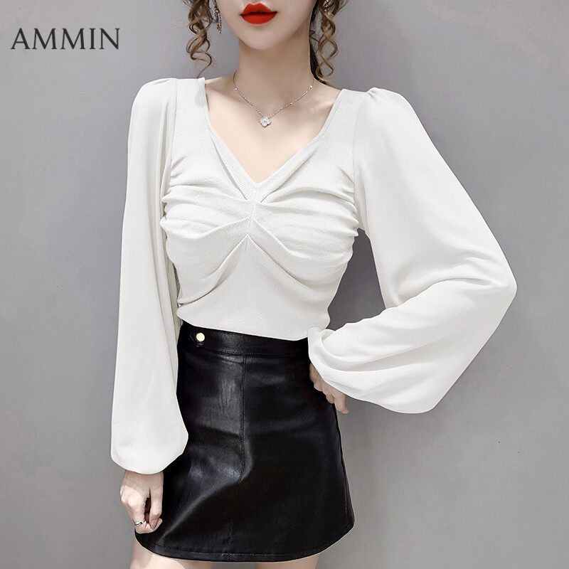 AMMIN new Korean fashion V-neck thin chiffon shirt lantern sleeve stitching short blouse sweater new top