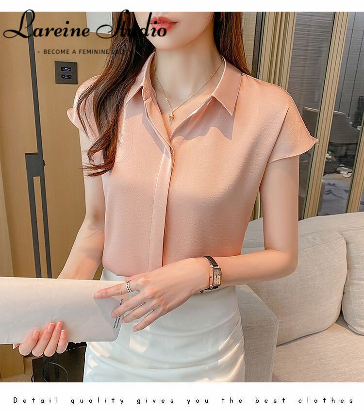 Lareine 2024 Phụ Nữ Của Áo Sơ Mi Ngắn Tay Cho Mùa Hè Phong Cách sang trọng Hàn Quốc Màu Trơn Áo công sở Cho Phụ Nữ