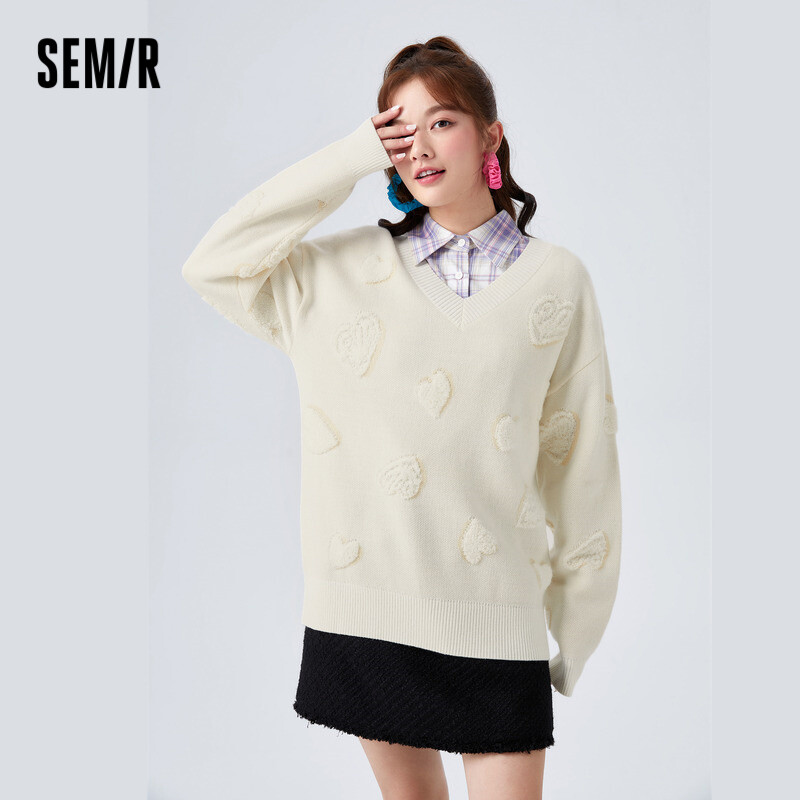 Semir Sweater Women V-Neck Love Jacquard Loose Inner Wear Winter Gentle Sweet Off-Shoulder Sweater