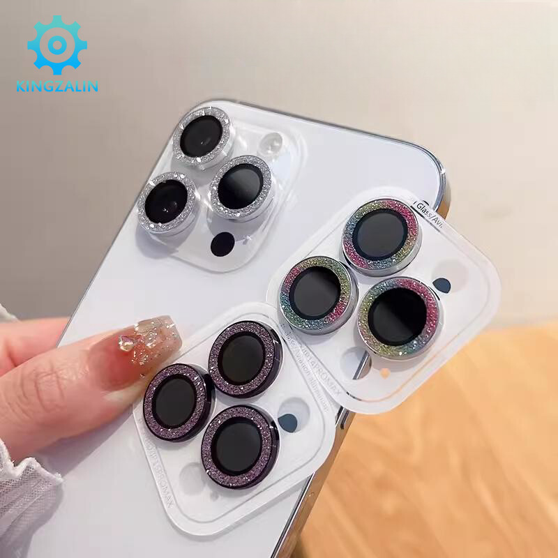 Kingzalin kim cương lấp lánh long lanh ống kính máy ảnh bảo vệ cho iPhone 15 Pro Max 14 cộng với 13 12 mini 11 Pro Max Vòng Kim Loại ống kính với miếng dán film thủy tinh cường lực cho iPhone 14 Pro Max nắp bảo vệ