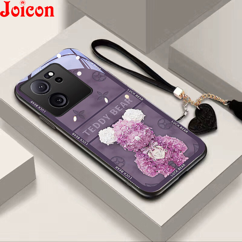 Casing For Xiaomi 13T 13T Pro 5G Case Cover Cartoon Teddy Bear Casing Shell Luxury Tempered Glass Anti-scratch Full Protection Shockproof Back Cover With Lovely Hear Shape Hand Strap Lanyard