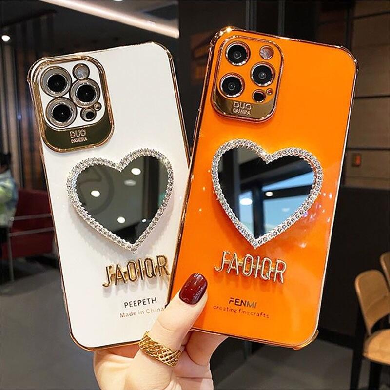 Luxury Brand Plating Love Heart Mirror Phone Case for Iphone 14 13 12 11 Pro Max 7 8 Plus 6 6s Plus SE X XR XS Max Fashion Girl Diamond Crystal shockproof Soft Cover
