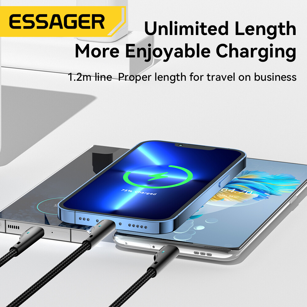 Essager 3A 3 In 1 Braided Nylon Cable Fast Charging Cable Micro USB Type C Lightning Cable Multi port USB Charging Cables