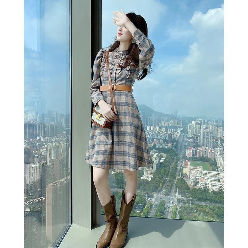 Korean Dress Plaid Retro Ruffled Women's A-line Long Sleeve Dress Casual Loose Dress