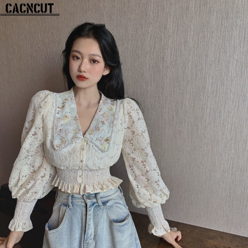 CACNCUT 2023 New Retro Style Shirt Women Korean Embroidery Lantern Sleeve Long Sleeve V Neck Shirt Blouse Women