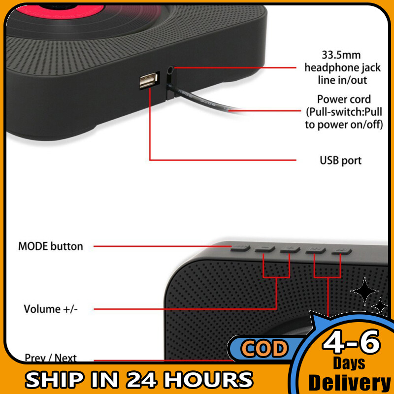 Wall Mountable CD Player Portable Bluetooth Music Player with Remote Control